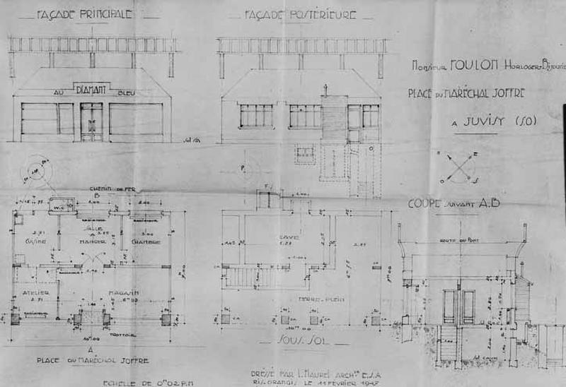 Plans, coupe transversale et élévation du magasin de bijouterie de Paul Foulon dressés en 1945 par l'architecte E. Valdin joints à la demande d'indemnisation et au dossier de reconstruction pour dommages de guerre.