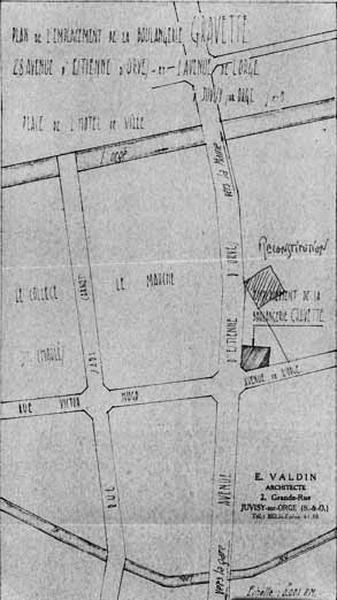 Plan de situation de la boulangerie dressé en 1945 par l'architecte E. Valdin joints à la demande d'indemnisation et au dossier de reconstruction pour dommages de guerre.