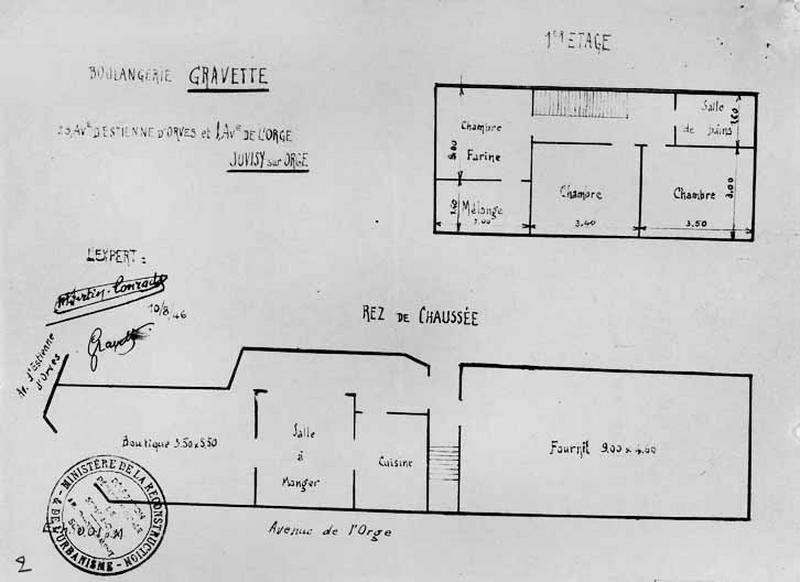 Plans du magasin et du fournil au rez-de-chaussée et de l'appartement au premier étage de la boulangerie dressés en 1945 par Georges Gravette et joints à la demande d'indemnisation et au dossier de reconstruction pour dommages de guerre.