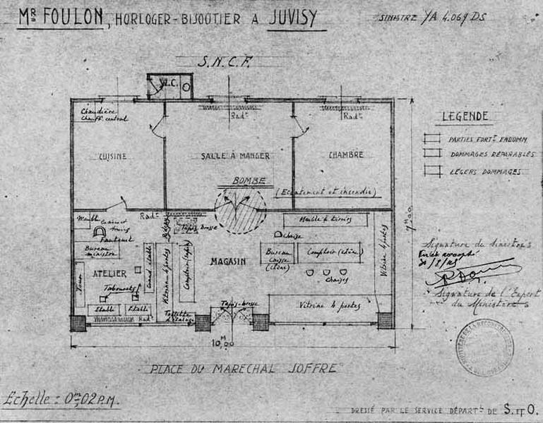 Plans du magasin de bijouterie et du logement de Paul Foulon dressés par l'architecte E. Valdin, joints à la demande d'indemnisation et au dossier de reconstruction pour dommages de guerre.