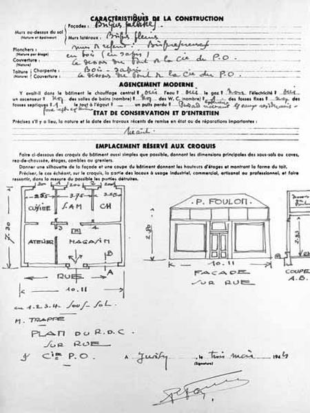 Plan, coupe transversale et élévation du magasin de bijouterie de Paul Foulon, dressés par le propriétaire sinistré sur la 2è page du formulaire B2 'Etat descriptif d'un bâtiment totalement détruit' constitutif de la demande d'indemnisation et du dossier de reconstruction pour dommages de guerre.