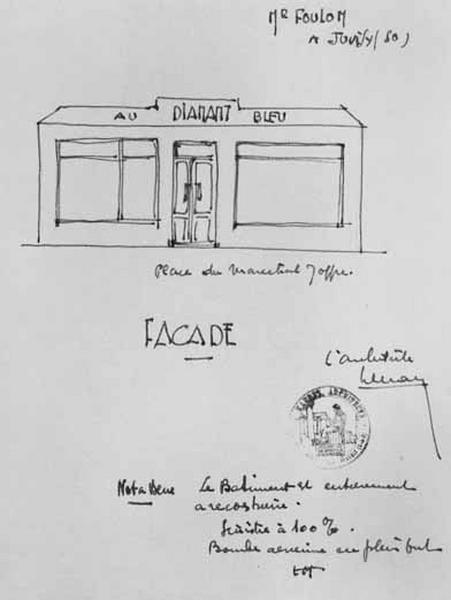 Elévation manuscrite du magasin de bijouterie de Paul Foulon dessinée par le propriétaire sinistré et jointe au formulaire B2 'Etat descriptif d'un bâtiment totalement détruit' constitutif de la demande d'indemnisation et du dossier de reconstruction pour dommages de guerre.