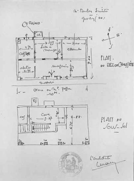 Plans manuscrits du rez-de-chaussée et du sous-sol du magasin de bijouterie de Paul Foulon dessinés par le propriétaire sinistré et joints au formulaire B2 'Etat descriptif d'un bâtiment totalement détruit' constitutif de la demande d'indemnisation et du dossier de reconstruction pour dommages de guerre.