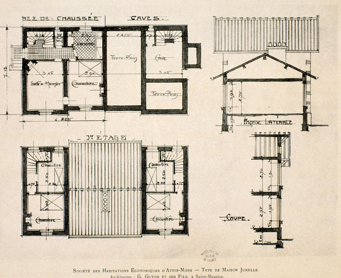 Coupe et plans du type 'maison jumelle'.