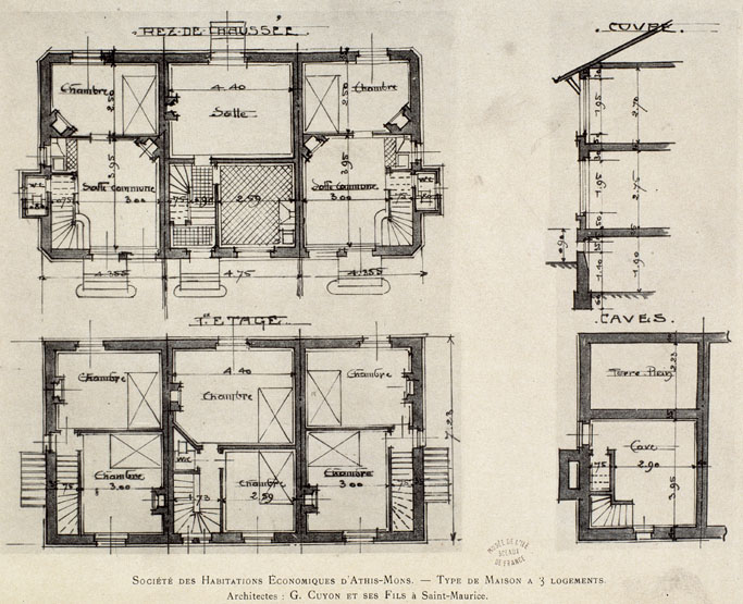 Coupe et plans du type de maison à 3 logements.