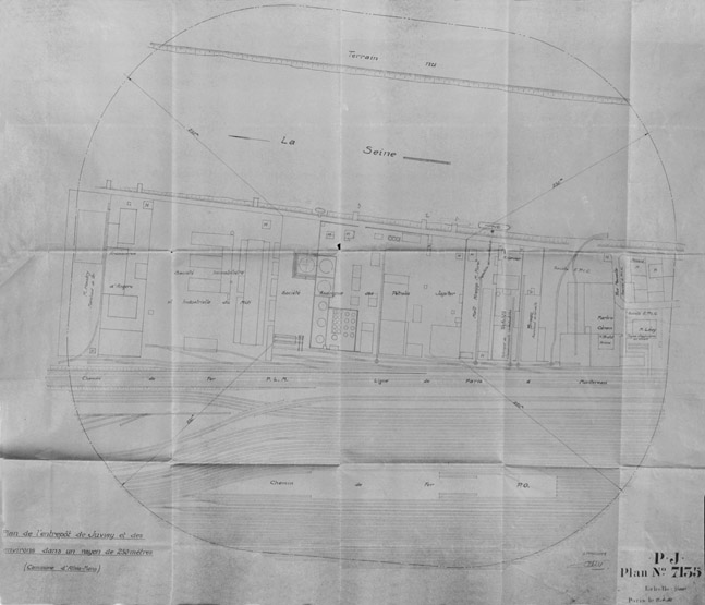 Plan de l'entrepôt de la société Deutsch et fils (ou Pétroles Jupiter) et de ses environs dans un rayon de 250 m ; Paris, le 11 avril 1933. L'entrepôt s'étend entre la Société immobilière et industrielle du Midi et la Compagnie du Malt Kneipp.