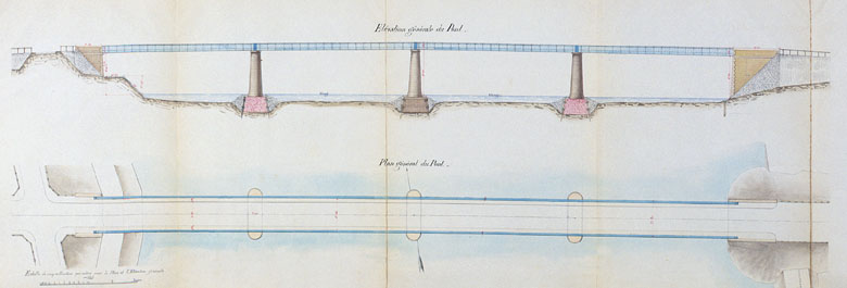 Plan du pont dressé par l'ingénieur ordinaire E. Rousseau, Corbeil, le 26 décembre 1860 ; vu et présenté par l'ingénieur en chef J. Vallès, Versailles, le 7 janvier 1861 : élévation et plan général.