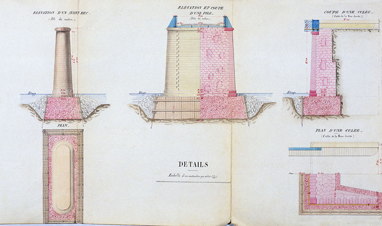 Plan dressé par l'ingénieur ordinaire E. Rousseau, Corbeil, 26 décembre 1860 : détails de l'élévation d'un avant-bec, de l'élévation et coupe d'une pile, de la coupe et du plan d'une culée.