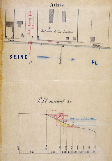 Plan de situation et profil de l'estacade sur la Seine que MM. Méring frères, négociants, 44, quai du Louvre à Paris, souhaitent faire construire en face de leur propriété, immédiatement en amont de l'entrepôt de pétrole La Luciline (ou des Fils de A. Deutsch). Ce plan a été présenté le 30 janvier 1897 au service de la navigation de la Seine (ingénieur en chef B. de Mas, ingénieur ordinaire Desprez).