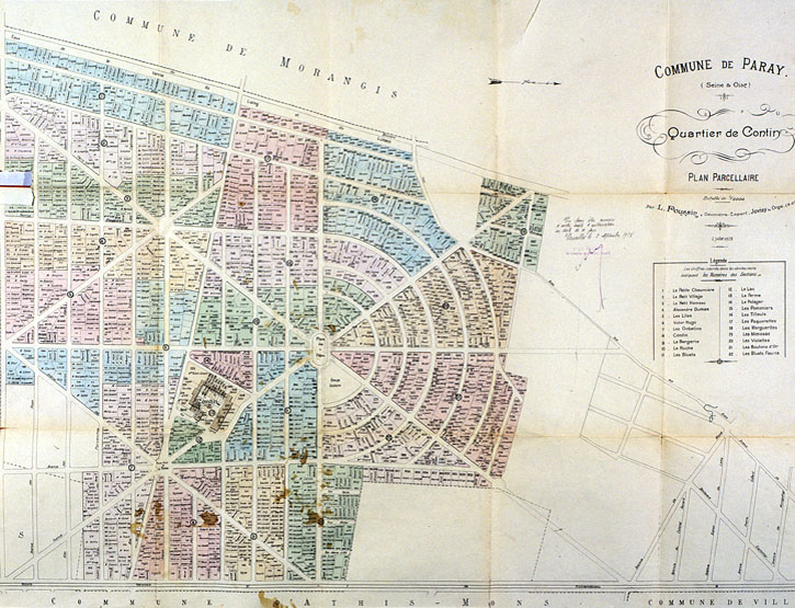 Plan parcellaire du quartier du Contin divisé en 22 sections, dressé par L. Poussin, géomètre à Juvisy, 2 juillet 1928.