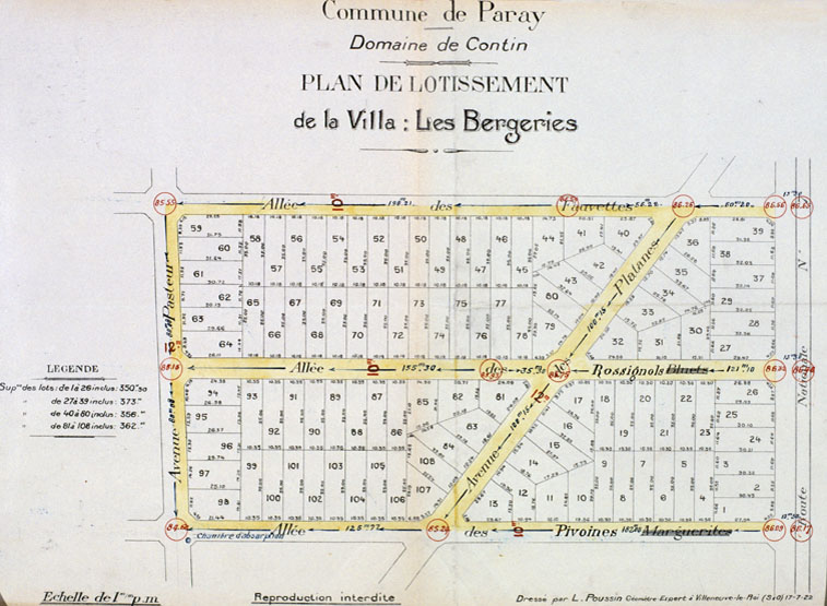 Plan du lotissement de la Villa Les Bergeries (section n° 9 de la future association syndicale autorisée du Contin) ; dressé par L. Poussin, géomètre-expert à Villeneuve-le-Roi, 17 juillet 1922.
