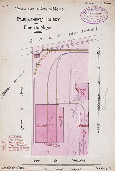 Plan des établissements Houdry, occupés par la société métallurgique Champion, au 33 et 35 quai de l'Industrie ; L. Poussin, géomètre à Juvisy, 3 mai 1949.