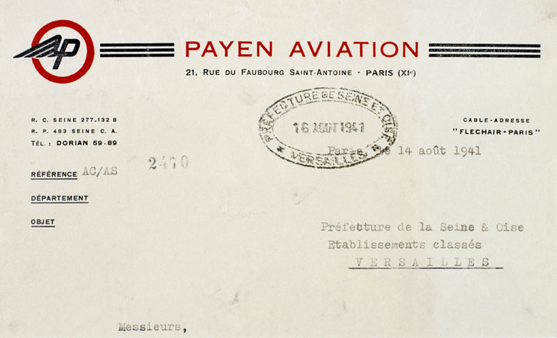 Papier à en-tête de la société aéronautique Payen. 14 août 1941.