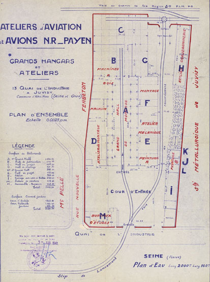 Plan d'ensemble des ateliers de la société aéronautique Payen, annexé à l'arrêté préfectoral d'autorisation du 3 juin 1941.