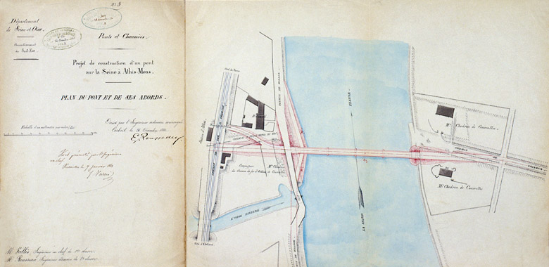 Plan du pont et de ses abords dressé par l'ingénieur ordinaire E. Rousseau, Corbeil, le 26 décembre 1860 ; vu et présenté par l'ingénieur en chef J. Vallès, à Versailles, le 7 janvier 1861.