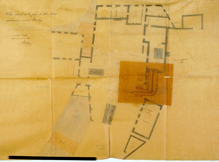 Plan d'ensemble de l'établissement de M. Baudry, 16 juin 1843 ; calque.