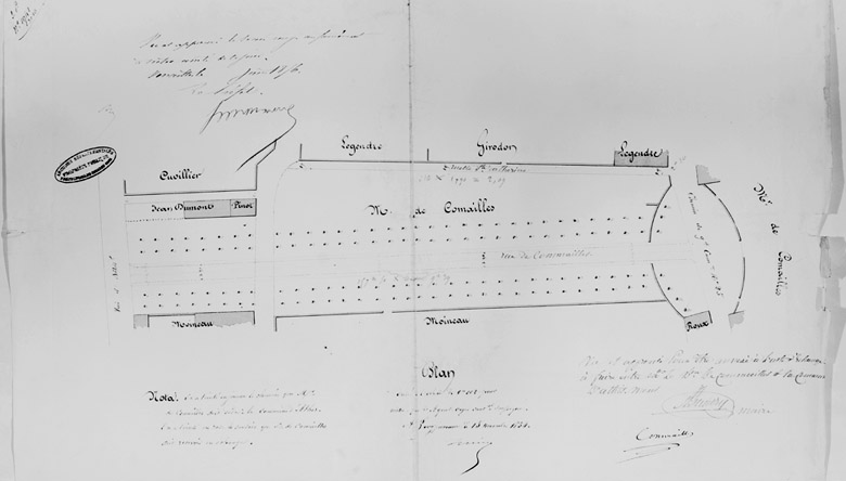 Plan de l'allée située en face du château, dite allée de Comailles ; 15 novembre 1854. Le conseil municipal cède à M. de Comailles, propriétaire du château d'Athis, la ruelle communale Sainte-Catherine, en échange du 'Pavé neuf' : large de 6 m et accessible aux voitures, il facilitera la communication du village avec le plateau.