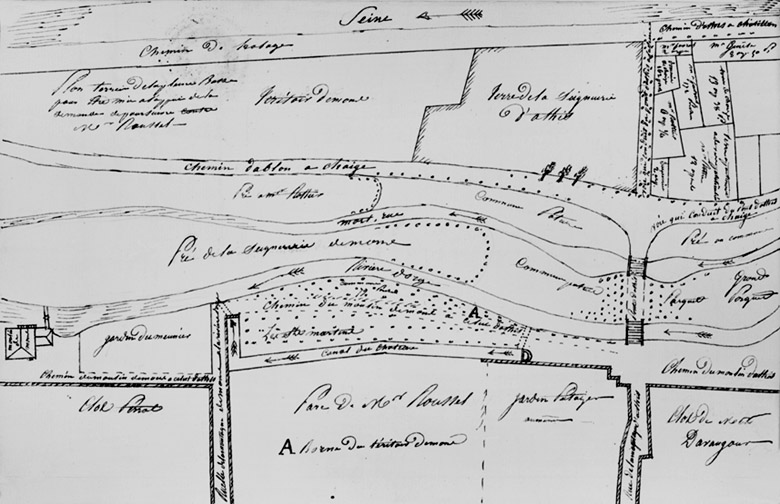 Plan des terrains dits des Saint-Martin, situés entre le canal du château et l'Orge et traversés par le chemin du moulin de Mons à celui d'Athis. Réunis au parc du château par M. Roussel en 1833 et revendiqués par la commune, ils sont adjugés au premier par le tribunal de Corbeil (jugement du 7 août 1834). Le 21 juin 1835, une transaction intervient entre les deux parties : M. Roussel, reconnu propriétaire de ces terrains, s'oblige à payer la somme de 1400 francs et abandonne à la commune la propriété de l'avenue de Seine allant du pont d'Athis au fleuve ; 1835.