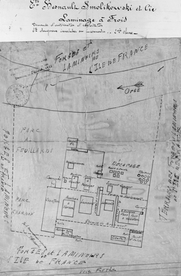 Plan des Etablissements Besnault-Smonikowski et Cie (Forges et laminoirs de l'Ile-de-France), établi à l'appui de la demande d'autorisation d'exploitation du 29 janvier 1923.