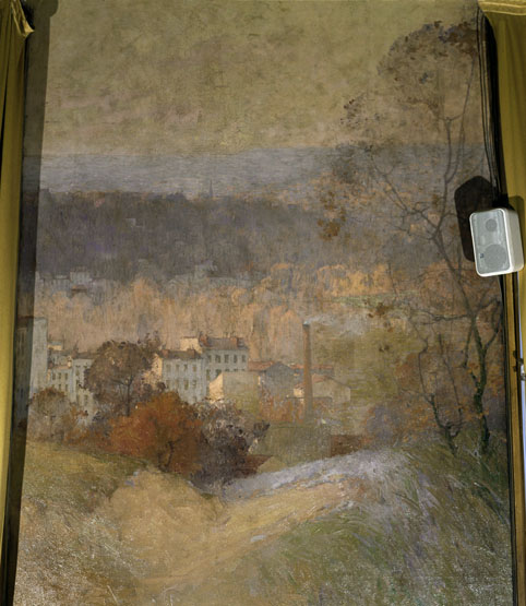 Vue du tableau mural situé sur le mur nord de la salle des fêtes et représentant une vue du côté d'Issy-les-Moulineaux.