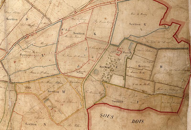 Plan commandé par le préfet Rambuteau : détail du domaine de Montreau, vers 1846 (tableau d'assemblage, partie est)