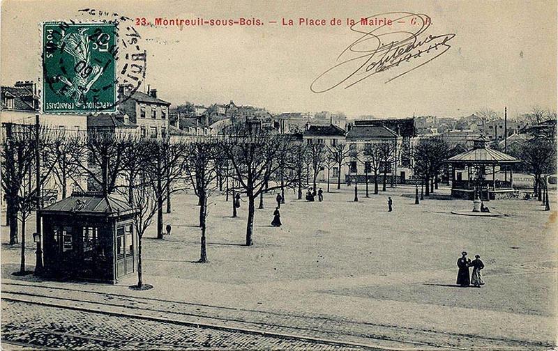 Montreuil-sous-bois. La place de la mairie, carte postale, 1909, éd. G.F.