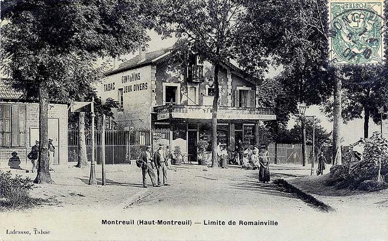 Montreuil (Haut-Montreuil). Limite de Romainville (Tabac Lafrasse), carte postale, 1907