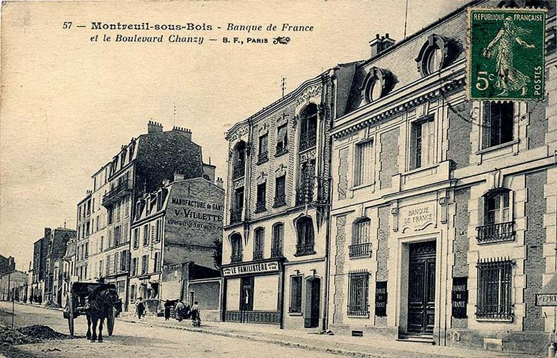 Montreuil-sous-bois. Banque de France et boulevard Chanzy, B.F., Paris, carte postale, début 20e siècle.