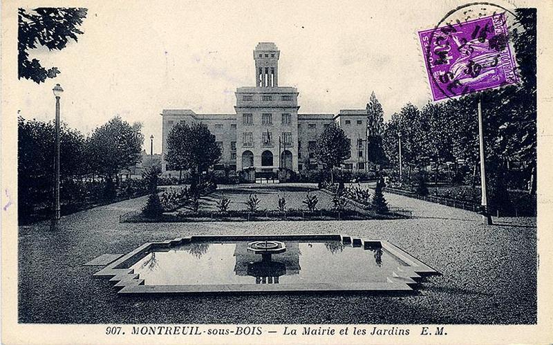 Montreuil-sous-bois. La Mairie et les jardins, carte postale, éd. E.M., 1939