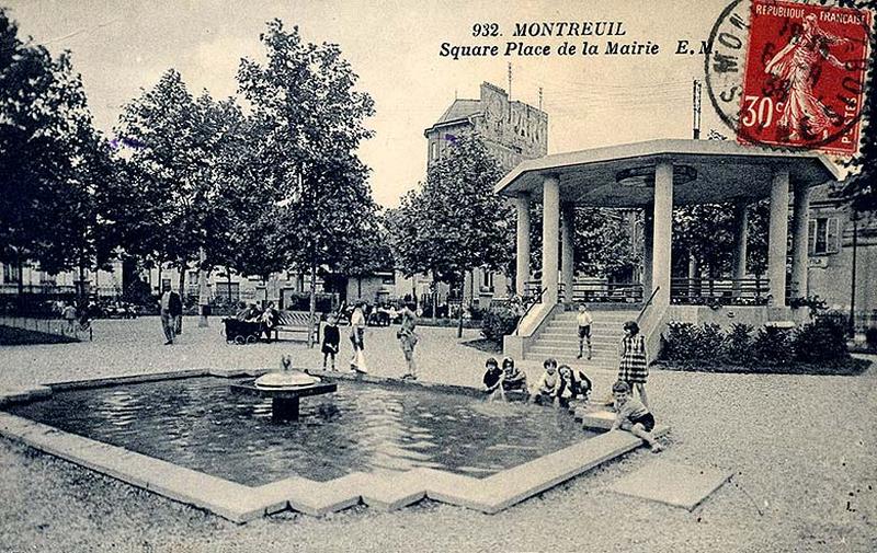 Montreuil. Square place de la mairie, carte postale, éd. E.M., 1938