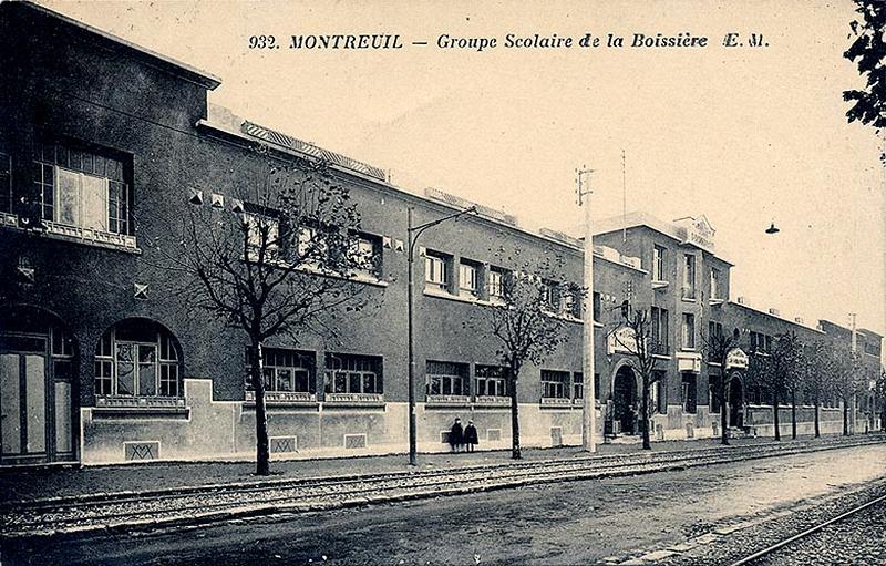 Montreuil. Groupe scolaire de la Boissière, carte postale, éd. E.M., vers 1930