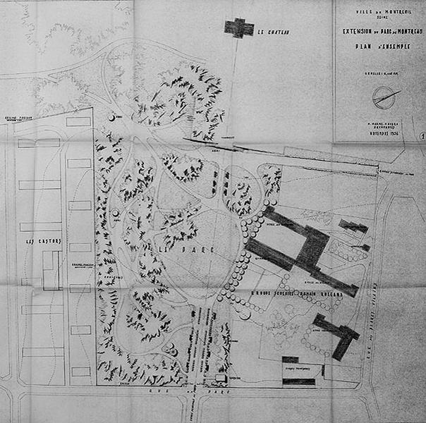 Extension du parc de Montreau : plan d'ensemble, par P. Marme et P. Audra architectes, novembre 1956