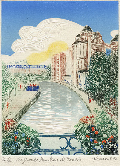 Les Grands Moulins de Pantin, par Kemal, s.b.d. : 'Kemal 02'. Carte de voeux offerte par la ville de Pantin aux jeunes mariés. De gauche à droite : la Cité des Sciences et de l'Industrie, la semoulerie, le silo à farine 'canal', le silo à blé 'canal', et la blanchisserie Elis.