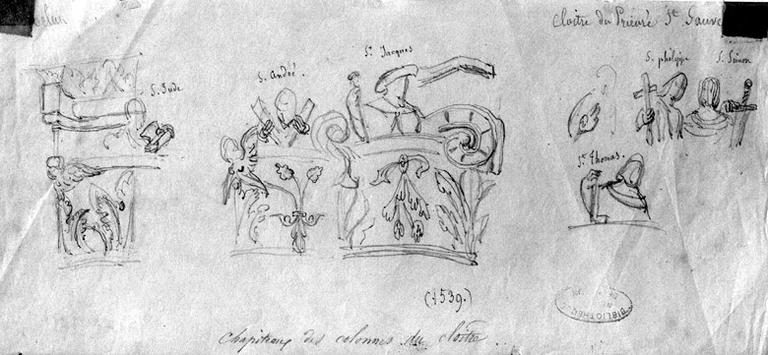 Croquis des apôtres sculptés sur les chapiteaux.