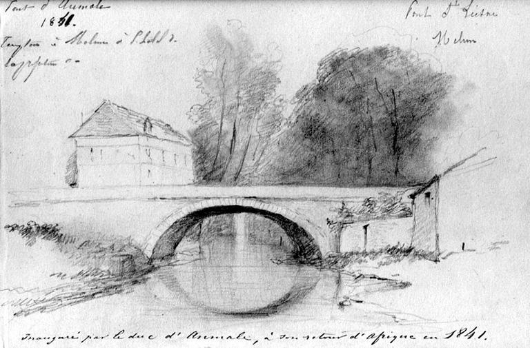 'Pont Saint-Liesne ou pont d'Aumale, inauguré par le duc d'Aumale à son retour d'Afrique en 1841'.