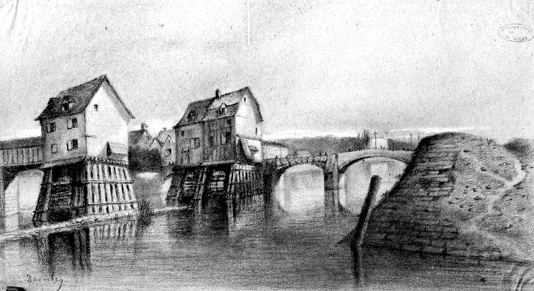 'Pont Saint-Ambroise. Vue à l'ouest'. Le dessin représente également le moulin Saint-Sauveur (à gauche) et les vestiges des fortifications de la rive sud (à droite).