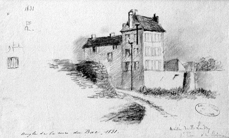 'Maison de M. Landry, 1831'. Vue de l'actuel quai de la Reine-Blanche, avec un vestige des fortifications médiévales.