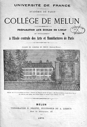 Couverture d'un prospectus (1879), représentant le collège avant la reconstruction de 1882-1885.