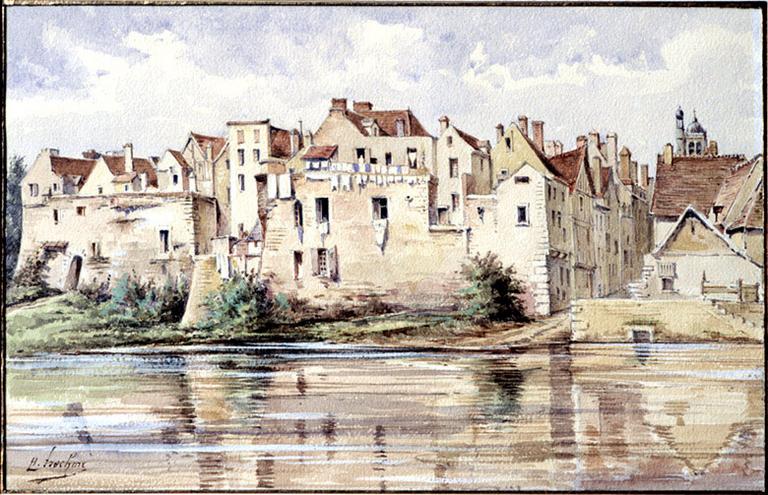 Le quai Pasteur avant sa reconstruction. Aquarelle de Fréchon, d'après un dessin de Decourbe.