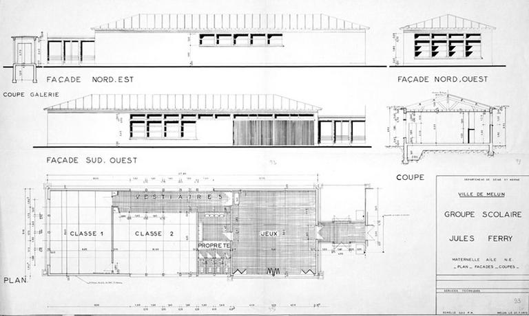 Ecole maternelle Jules-Ferry : plan, façades et coupes de l'aile nord-est.