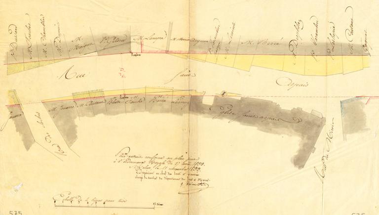 Projet d'alignement de la rue Saint-Aspais. Le plan signale un puits au chevet de l'église Saint-Aspais.