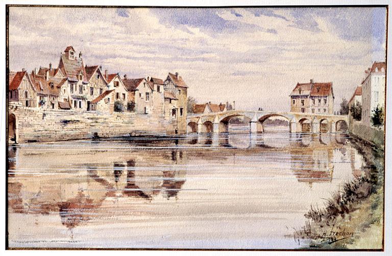 Le pont aux moulins et la rive sud de Melun, dans les années 1830. Aquarelle de Fréchon, d'après les dessins de Decourbe.