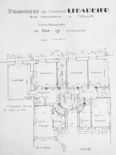 Immeuble, propriété de Mme Lebarbier, 1bis rue Vaugrain : plan du rez-de-chaussée.