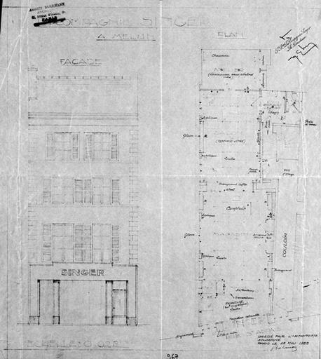 Plan et façade de l'immeuble, 8 rue Saint-Aspais, abritant au rez-de-chaussée le magasin Singer.