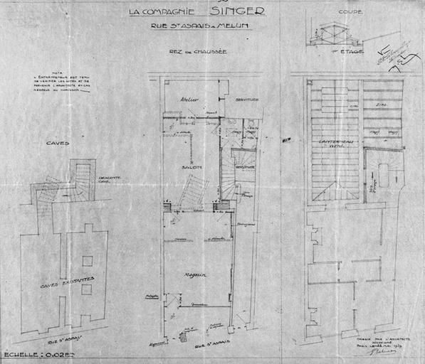 Plan du rez-de-chaussée, sous-sol et premier étage, coupe de l'immeuble, 8 rue Saint-Aspais.