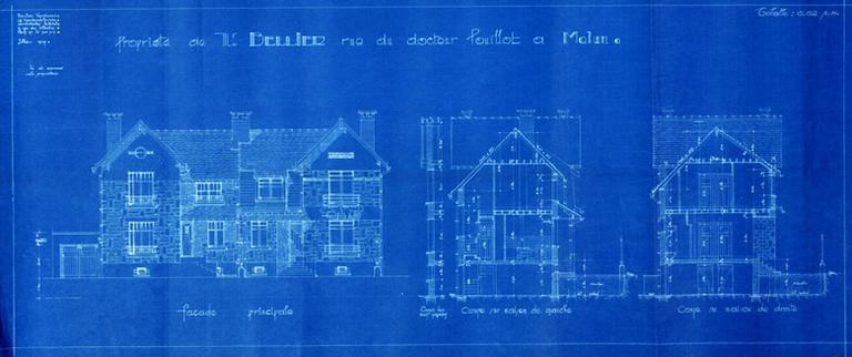 Maison jumelle, propriété de M. Bellier, rue du Docteur-Pouillot : façade principale, coupe sur maison de gauche, coupe sur maison de droite.