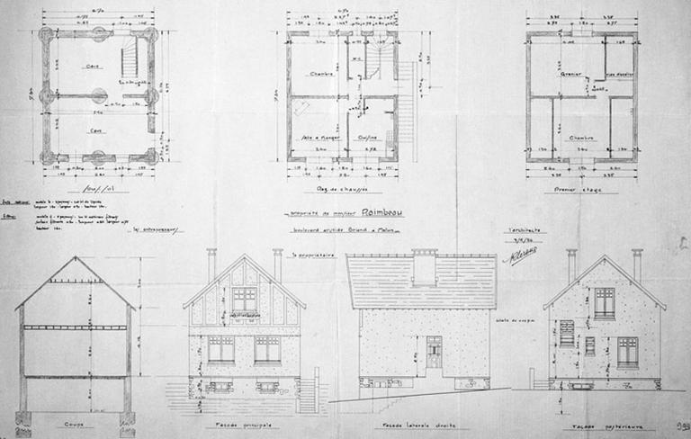 Exemple de pavillon construit sur le boulevard pendant l'entre-deux-guerres : projet de l'architecte R. Leroux pour M. Raimbeau (1936).