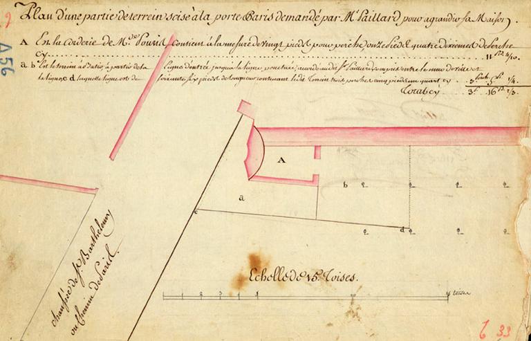 Plan d'une partie de terrain sise à la Porte de Paris, demandé par M. Paillard pour agrandir sa maison. Ce plan mentionne la 'corderie de Mme Souris'.