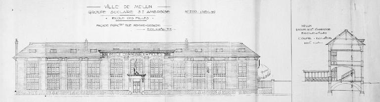 Projet de Delaire pour l'école des filles : façade principale et coupe.