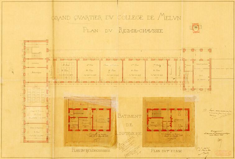 Grand quartier du collège de Melun : plan du rez-de-chaussée. Bâtiment de l'infirmerie : plan du rez-de-chaussée et du premier étage.